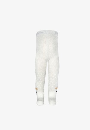 Weiße Strumpfhosen mit gepunktetem Muster, verstärkten Zehen und einem weichen, elastischen Bund. Hergestellt aus einem dehnbaren, strukturierten Material.