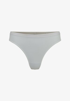 White thong underwear made of soft, smooth fabric. Features a wide waistband with embossed branding. Minimalistic design, no patterns or accents.