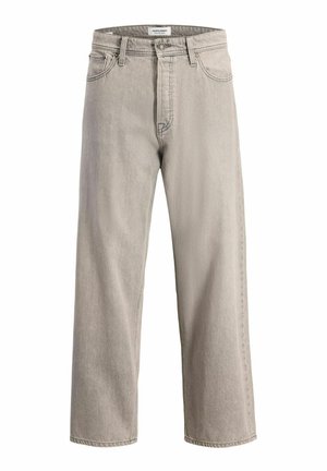 Light gray denim jeans with a high waist, wide-leg fit, five pockets, and metal hardware. Textured fabric with subtle fading details.