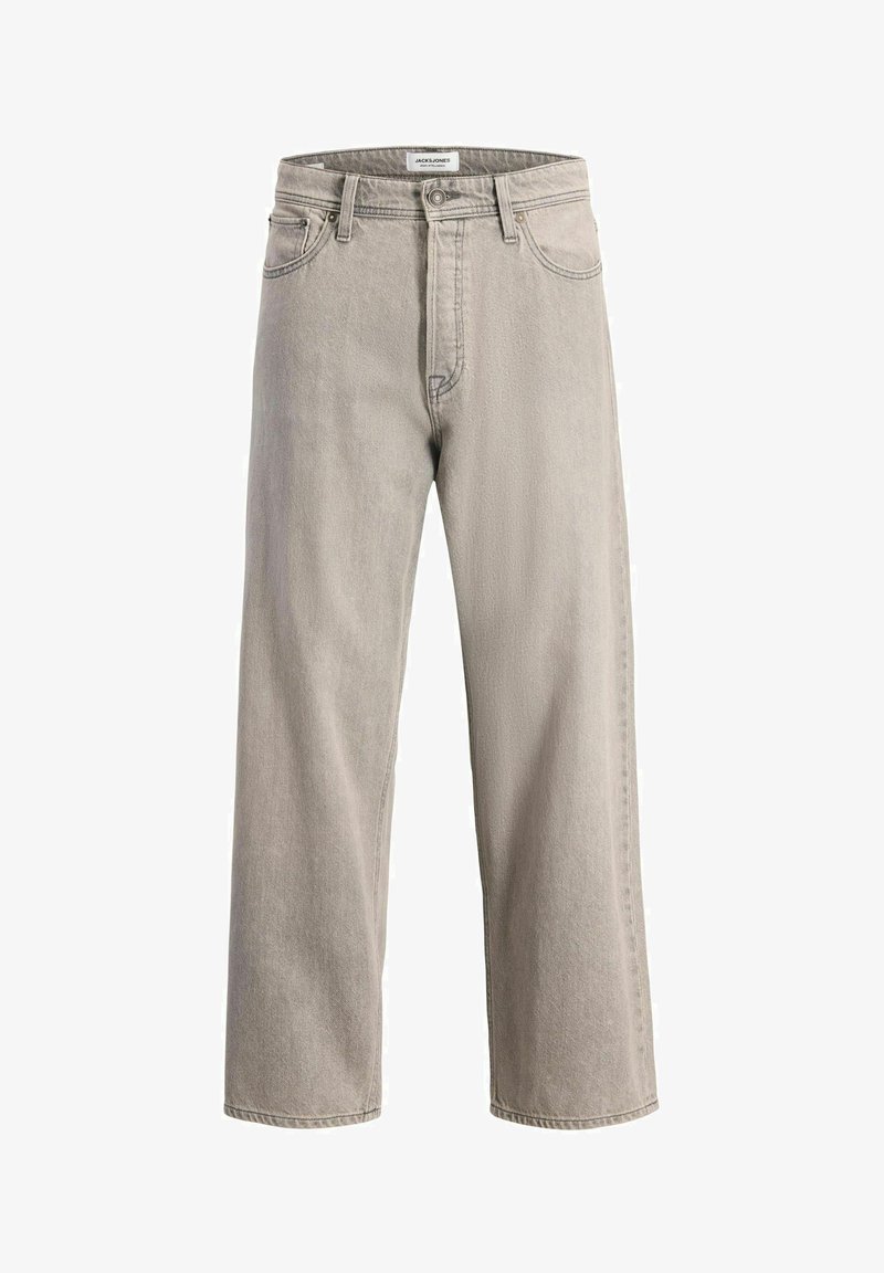 Jeans din denim gri deschis, cu talie înaltă, croială largă, cinci buzunare și accesorii din metal. Țesătură texturată cu detalii subtile de estompare.