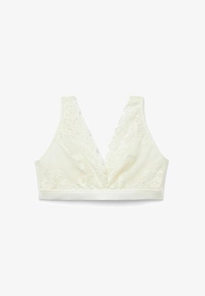 Spitzen-Bralette in Off-White mit einem tiefen V-Ausschnitt, verziert mit floralem Spitzenbesatz und einem weichen, glatten Unterband für zusätzlichen Komfort.