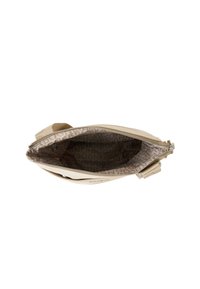 Beige leather handbag with zip closure, featuring a patterned interior with repeating logo. Smooth texture and compact design.