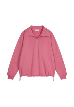 Rosa Sweatshirt mit einem Reißverschlusskragen, lockerer Passform und elastischem Saum. Das Material scheint weich zu sein, mit überschnittenen Schultern und langen Ärmeln.