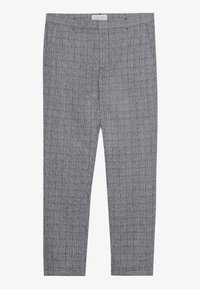 Pantalons à carreaux gris avec un tissu texturé, deux poches latérales, une coupe slim et une taille mi-haute.