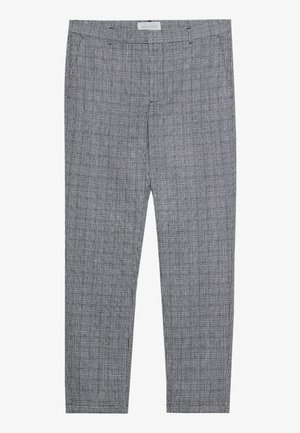 Szare w kratkę spodnie z fakturowanej tkaniny, z dwiema bocznymi kieszeniami, slim fit oraz średnim stanem pasa.