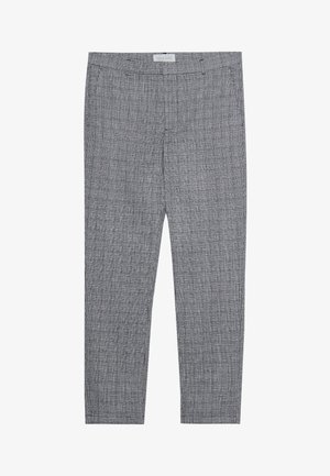Pantalons à carreaux gris avec un tissu texturé, deux poches latérales, une coupe slim et une taille mi-haute.