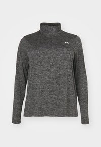 Gray long-sleeve pullover with a quarter zip and a textured fabric. Features a small white logo on the left chest area.