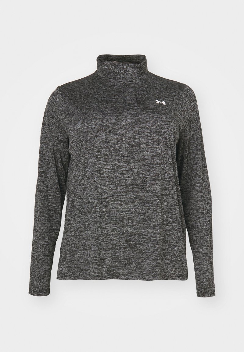 Grauer Langarmpullover mit einem Viertelreißverschluss und einem strukturierten Stoff. Mit einem kleinen weißen Logo auf der linken Brustseite.