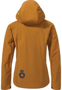 Orange wasserdichte Jacke mit Kapuze, ausgestattet mit einer glatten Textur und einem Logo-Akzent auf der unteren linken Seite, entworfen für den Einsatz im Freien.