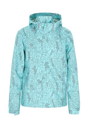 Világoskék esőkabát absztrakt fekete vonal mintákkal, kapucnival, teljes cipzárral, állítható húzózsinórokkal és rugalmas mandzsettákkal.