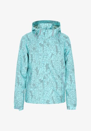 Világoskék esőkabát absztrakt fekete vonal mintákkal, kapucnival, teljes cipzárral, állítható húzózsinórokkal és rugalmas mandzsettákkal.