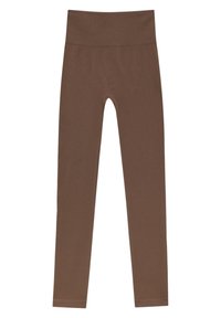 Brune ribbede leggings med høj talje, glat overflade og tætsiddende design, velegnet til hverdag eller aktiv brug.