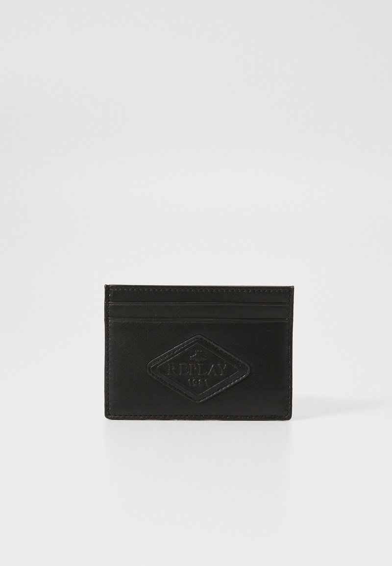 Black leather card holder featuring a diamond-shaped logo patch. It includes multiple card slots and a smooth, textured finish.