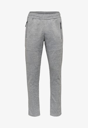 Hellgraue Jogginghose mit elastischem Bund und seitlichen Reißverschlusstaschen, aus weichem, strukturiertem Stoff für den Freizeitgebrauch.