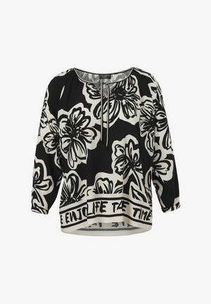 Black and white floral printed blouse with three-quarter sleeves, round neckline, and a loose fit. Features a "Enjoy Life" slogan at the hem.