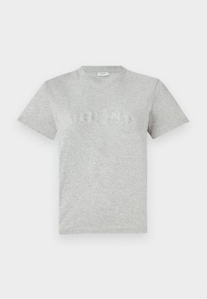 T-shirt grigio in cotone con maniche corte, colletto girocollo classico e dettagli in strass scintillanti in una scritta curva sulla parte anteriore.