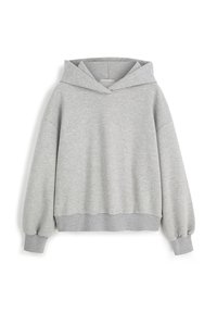 Szara bluza z kapturem o dekolcie w serek, wykonana z miękkiej bawełnianej mieszanki. Posiada długie marszczone rękawy i ściągacz na dole.