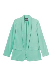 Blazer verde menta con collo a scialle, due tasche frontali e maniche lunghe. Realizzato in un tessuto leggero con una texture liscia.