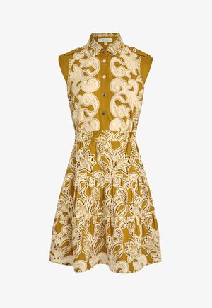 Ärmelloses senfgelbnes Kleid mit weißen bestickten Spitzenmustern, tailliertem Schnitt, Knopfleiste vorne und plissiertem Rock. Aus glattem Stoff gefertigt.