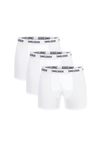 Tre paia di boxer bianchi con un elastico nero in vita riportante la scritta "SMILODOX", realizzati in materiale liscio e elasticizzato.