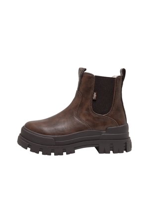 Bottine en cuir marron avec panneau latéral élastique noir et semelle épaisse à crampons, conçue pour un usage décontracté ou robuste.