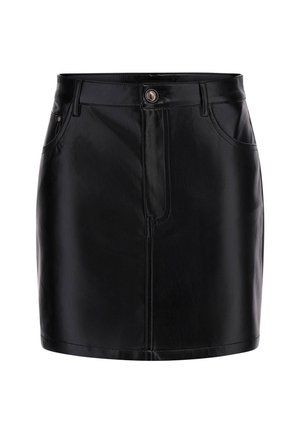 Juodas odinis mini sijonas su lygiomis tekstūra, keturiais kišenėmis ir metaliniu mygtuko užsegimu. Yra siūtos siūlės ir tiesi siluetas.