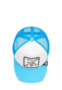 Blue mesh and white fabric baseball cap featuring a square patch with a monkey illustration. Cap has a curved brim and adjustable back.