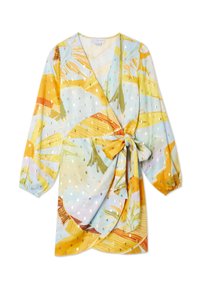 Robe portefeuille à manches longues, taille nouée, motif feuilles tropicales bleu pastel et jaune avec pois métalliques argentés.
