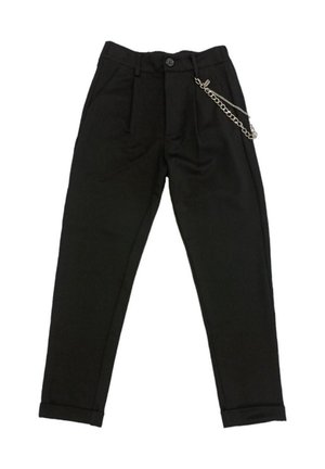 Pantaloni neri con un design sartoriale, frontale plissettato, lunghezza alla caviglia e un dettaglio a catena in vita. Tessuto morbido.