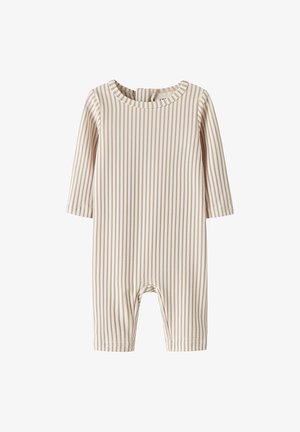 Salopetă pentru bebeluși cu mâneci lungi, cu dungi verticale bej și albe, decolteu rotund și închidere cu capse la spate.