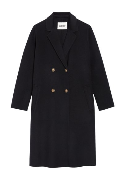 Cappotto nero doppiopetto con un design su misura, bottoni dorati, due tasche laterali e un classico colletto a punta.