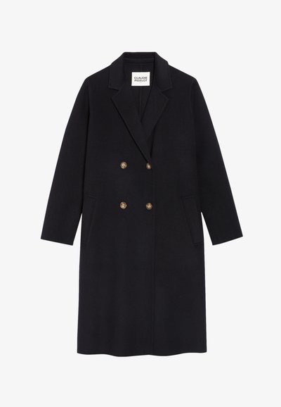 Cappotto nero doppiopetto con un design su misura, bottoni dorati, due tasche laterali e un classico colletto a punta.