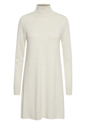 Šaty s dlhým rukávom a rolákom vyrobené z jemnej, svetlej béžovej pleteniny. Majú uvoľnený strih s jemne rozšíreným spodným okrajom, čo zabezpečuje pohodlné nosenie.