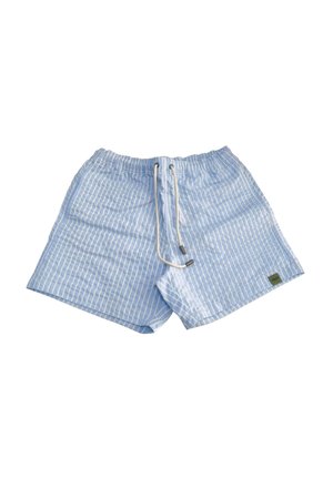 Costume da bagno azzurro chiaro con strisce verticali bianche e vita con coulisse bianca, posato disteso su uno sfondo bianco.