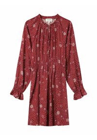 Robe florale rouge à manches longues, encolure froncée, taille élastique, poignets volants et motifs complexes en bleu et blanc.