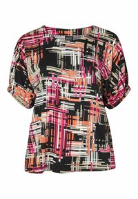Kortærmet bluse i sort stof med et geometrisk mønster i pink, orange og creme. Løs pasform med rund halsudskæring og samlede ærmer.