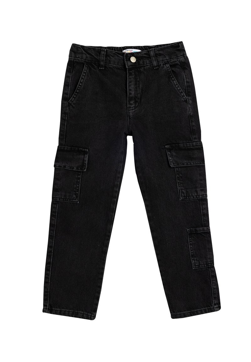 Pantalones cargo de mezclilla negra con un ajuste holgado, que cuentan con múltiples bolsillos laterales, presillas para cinturón y un cierre de botón. Textura suave, diseño de pierna recta.