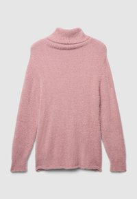 Maglione turtleneck fuzzy rosa chiaro con maniche lunghe, texture morbida e colletto a coste. Presenta una vestibilità leggermente ampia e orlo.