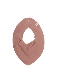 Mjukt rosa triangulärt babyhaklapp med tryckknappar och en liten tyglogga på vit bakgrund.