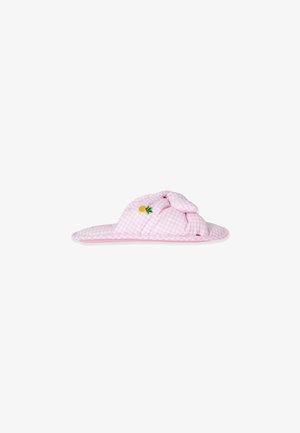 Cappello in tessuto rosa a quadretti con una cima annodata e un design ricamato a forma di ananas sul lato, caratterizzato da una tesa larga.