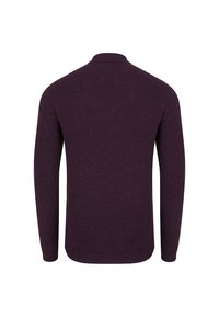 Sweter pulower w ciemnym fioletowym kolorze, z gładką teksturą, długimi rękawami i klasycznym wzorem kołnierza. Bezszwowe plecy.