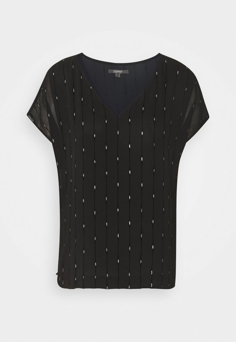 Top negro con mangas cortas y escote en V. Presenta adornos verticales y una tela suave y ligera. Estilo de ajuste casual.