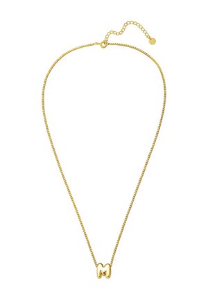 Goldene Halskette mit feiner Kette und einem kleinen "M" Anhänger; zeichnet sich durch ein schlichtes Design mit glänzender Oberfläche und verstellbarer Länge aus.