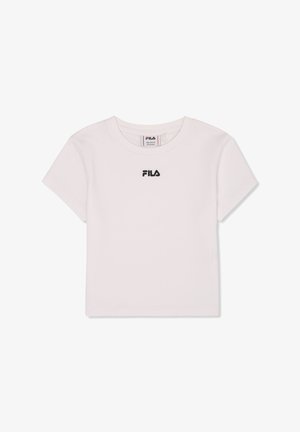 Weißes kurzärmeliges T-Shirt aus Baumwolle mit rundem Halsausschnitt. Auf der Vorderseite befindet sich ein kleines schwarzes FILA-Logo. Glatte Textur, klassischer Schnitt.