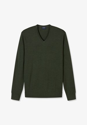 Dunkelgrüner V-Ausschnitt-Pullover mit langen Ärmeln, aus weichem Material gefertigt. Verfügt über eine glatte Textur mit gerippten Bündchen und Saum.