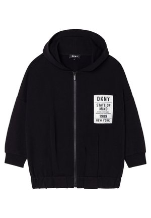 Schwarzer DKNY-Kapuzenpullover mit Reißverschluss, Kapuze und gerippten Bündchen, mit einem weißen Aufnäher auf der Brust mit dem Text "STATE OF MIND 1989 NEW YORK."
