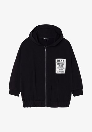 Zwarte DKNY hoodie met rits, capuchon en geribbelde manchetten, met een witte patch op de borst met de tekst "STATE OF MIND 1989 NEW YORK."