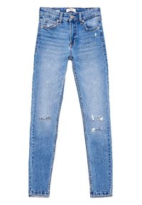 Smala jeans i ljusblå denim. Har slitna detaljer med revor vid knäna. Klassisk femficksdesign och dragkedja.