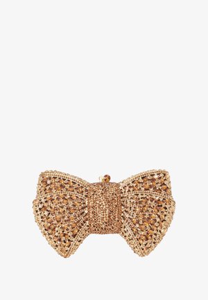 Gold clutch with a bow design, embellished with multiple golden rhinestones and intricate detailing, featuring a textured surface and clasp.