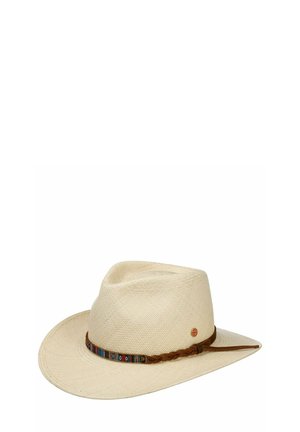 Light beige woven wide-brim fedora hat with braided brown leather band and colorful patterned fabric detail around the base.